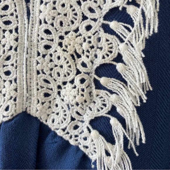 Cute English Factory Ruffle Mini Dress with Lace Trim & Flounce Sleeves Navy XS - Picture 9 of 16